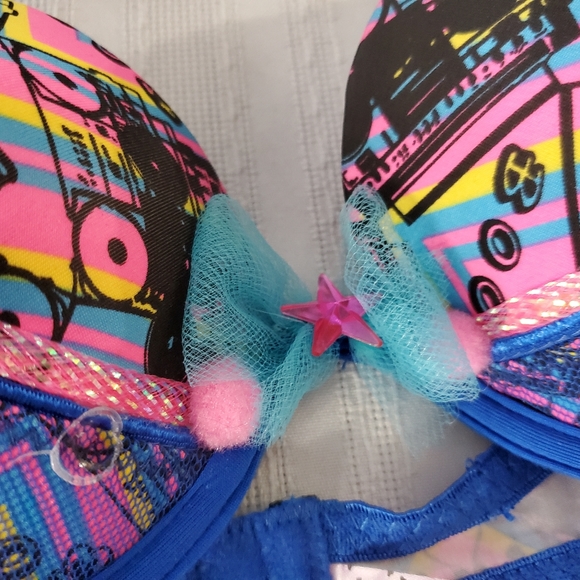 Native Intimates Rave Bra 36B /  Blue Pink Beads Boom radio Print Push Up bra - Picture 9 of 11